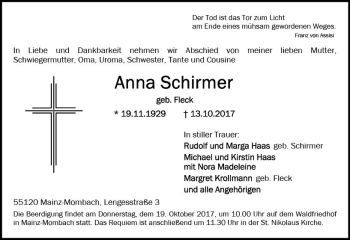 Traueranzeige von Anna Schirmer von Trauerportal Rhein Main Presse