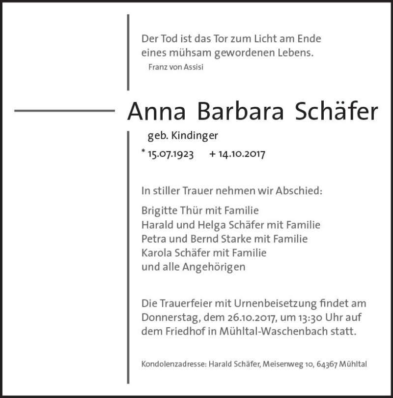  Traueranzeige für Anna Barbara Schäfer vom 21.10.2017 aus Trauerportal Echo Online