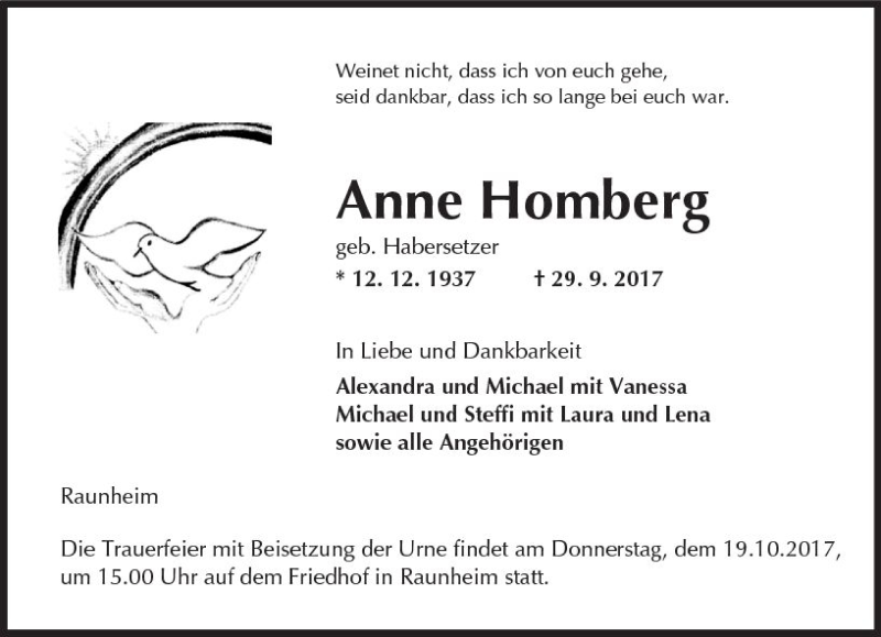  Traueranzeige für Anne Homberg vom 14.10.2017 aus Trauerportal Rhein Main Presse
