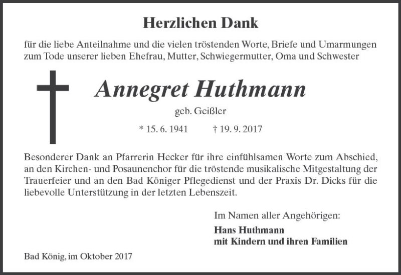  Traueranzeige für Annegret Huthmann vom 28.10.2017 aus VRM Trauer