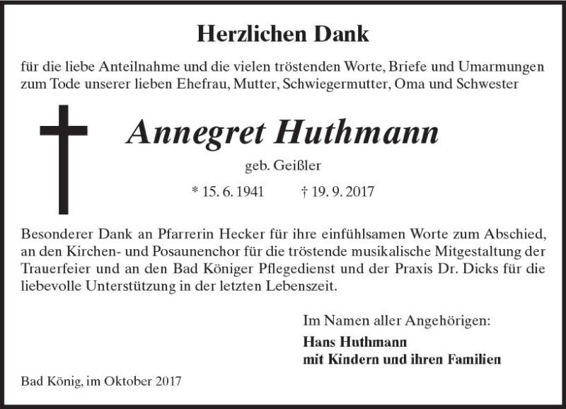  Traueranzeige für Annegret Huthmann vom 28.10.2017 aus Trauerportal Echo Online