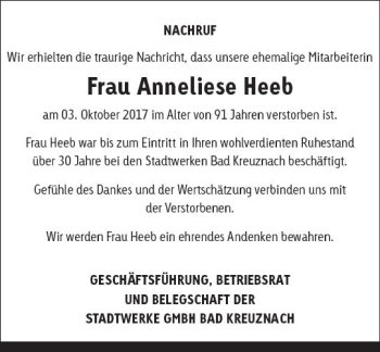 Traueranzeige von Anneliese Heeb von Trauerportal Rhein Main Presse