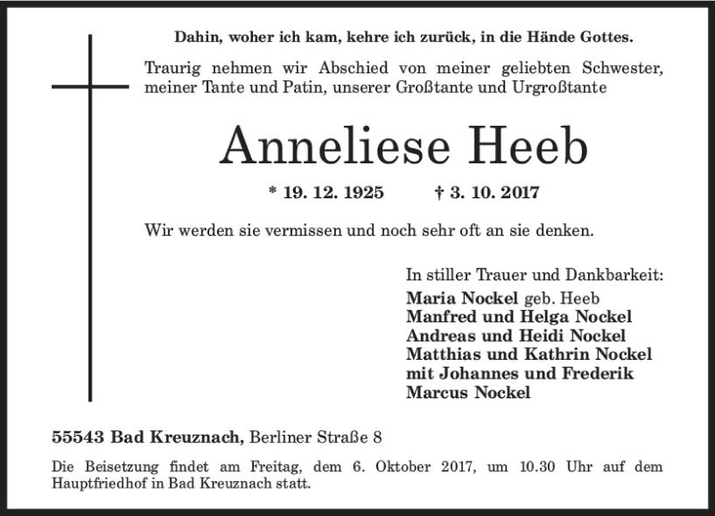  Traueranzeige für Anneliese Heeb vom 05.10.2017 aus Trauerportal Rhein Main Presse