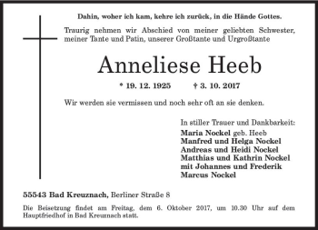 Traueranzeige von Anneliese Heeb von Trauerportal Rhein Main Presse