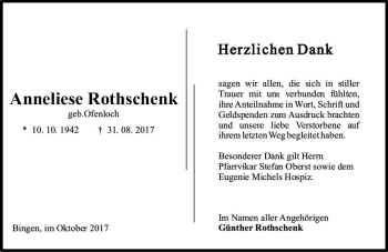 Traueranzeige von Anneliese Rothschenk von Trauerportal Rhein Main Presse