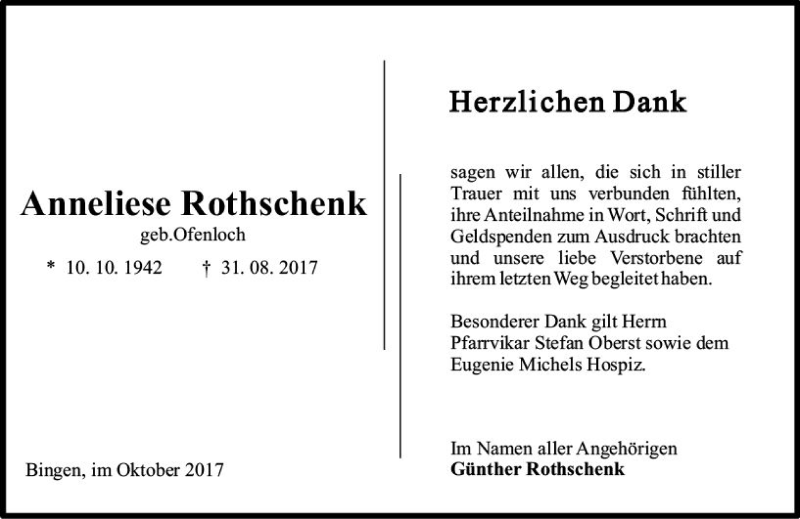  Traueranzeige für Anneliese Rothschenk vom 21.10.2017 aus Trauerportal Rhein Main Presse