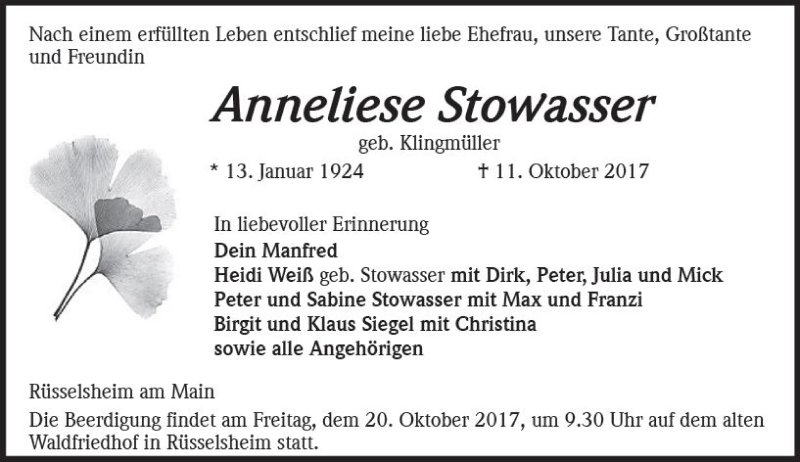  Traueranzeige für Anneliese Stowasser vom 18.10.2017 aus Trauerportal Rhein Main Presse