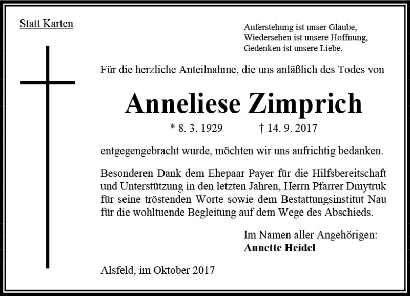  Traueranzeige für Anneliese Zimprich vom 07.10.2017 aus VRM Trauer