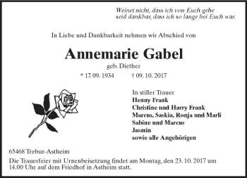 Traueranzeige von Annemarie Gabel von Trauerportal Rhein Main Presse