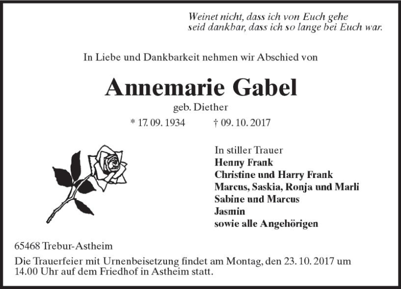  Traueranzeige für Annemarie Gabel vom 20.10.2017 aus Trauerportal Rhein Main Presse