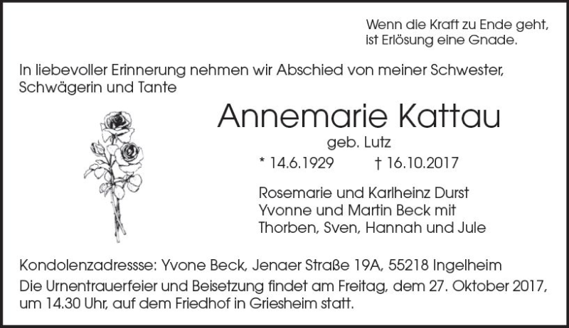  Traueranzeige für Annemarie Kattau vom 24.10.2017 aus Trauerportal Echo Online