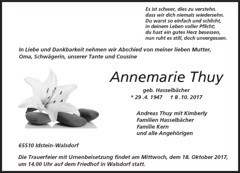  Traueranzeige für Annemarie Thuy vom 12.10.2017 aus  Camberger Anzeiger