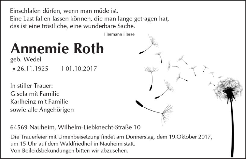 Traueranzeige für Annemie Roth vom 14.10.2017 aus Trauerportal Echo Online