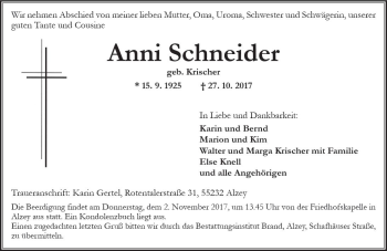 Traueranzeige von Anni Schneider von Trauerportal Rhein Main Presse