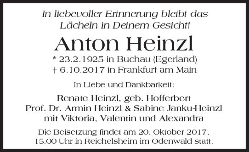  Traueranzeige für Anton Heinzl vom 18.10.2017 aus Trauerportal Rhein Main Presse