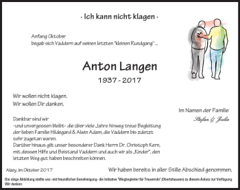 Traueranzeige von Anton Langen von  Allgemeine Zeitung Alzey