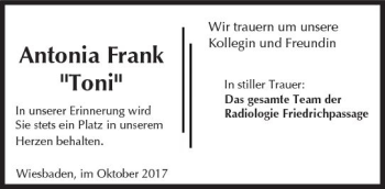 Traueranzeige von Antonia Frank von Trauerportal Rhein Main Presse