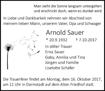 Traueranzeige von Arnold Sauer von Trauerportal Echo Online