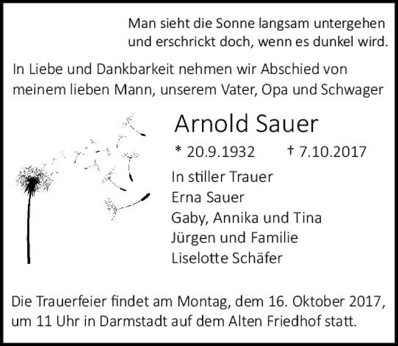  Traueranzeige für Arnold Sauer vom 14.10.2017 aus Trauerportal Echo Online