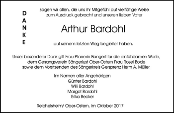 Traueranzeige von Arthur Bardohl von Trauerportal Echo Online