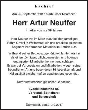 Traueranzeige von Artur Neuffer von Trauerportal Echo Online