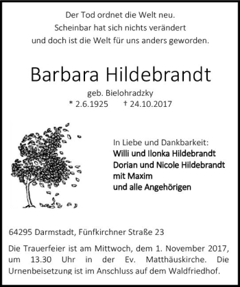 Traueranzeige von Barbara Hildebrandt von Trauerportal Echo Online