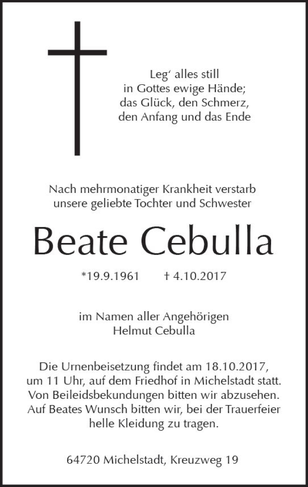  Traueranzeige für Beate Cebulla vom 14.10.2017 aus Trauerportal Echo Online