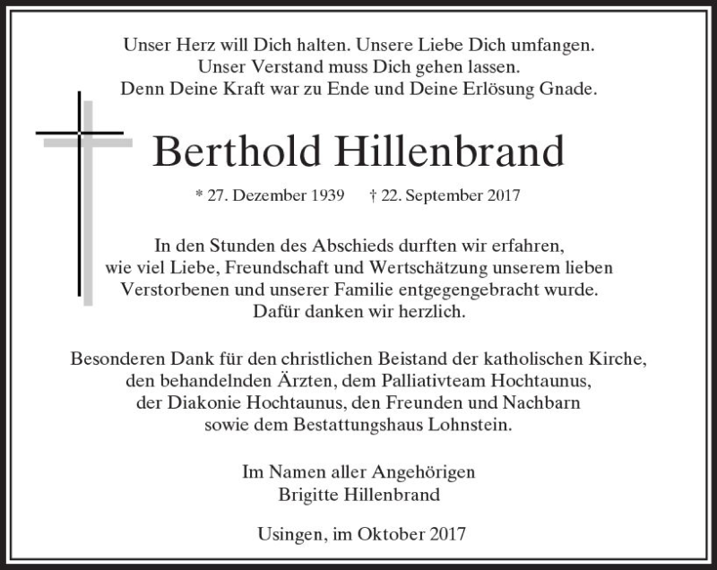  Traueranzeige für Berthold Hillenbrand vom 18.10.2017 aus  Usinger Anzeiger