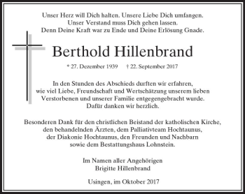Traueranzeige von Berthold Hillenbrand von  Usinger Anzeiger