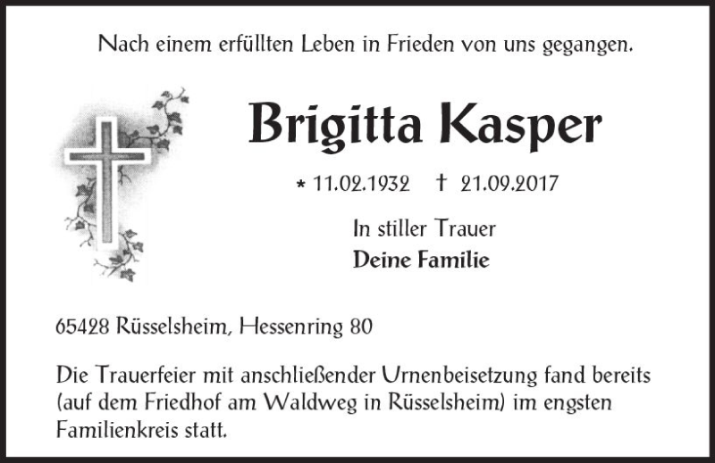  Traueranzeige für Brigitta Kasper vom 07.10.2017 aus Trauerportal Rhein Main Presse
