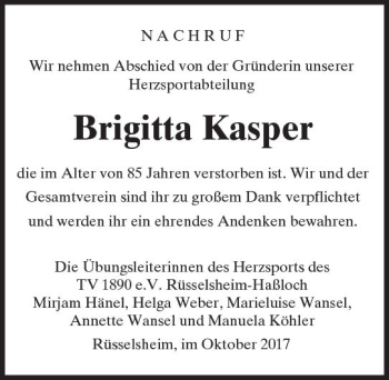 Traueranzeige von Brigitta Kasper von Trauerportal Rhein Main Presse
