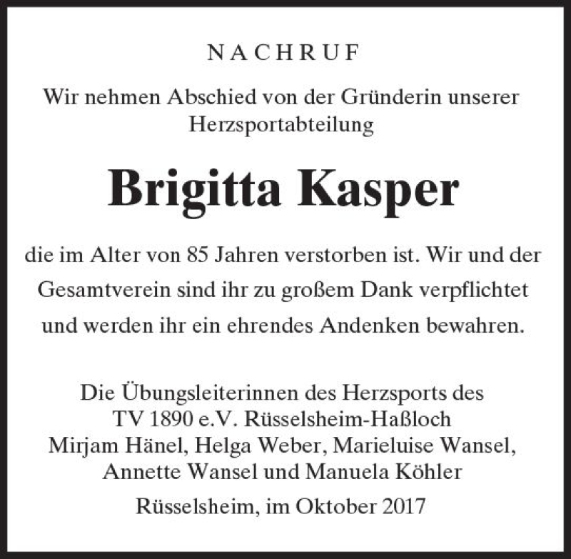  Traueranzeige für Brigitta Kasper vom 07.10.2017 aus Trauerportal Rhein Main Presse