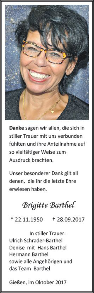 Traueranzeige von Brigitte Barthel von  Gießener Anzeiger