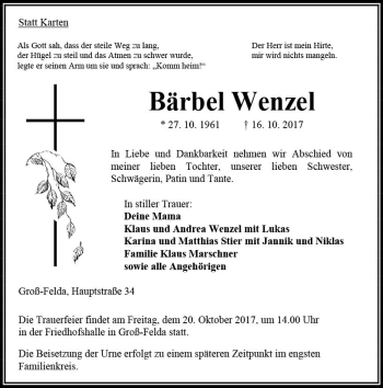 Traueranzeige von Bärbel Wenzel von VRM Trauer