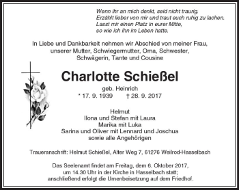 Traueranzeige von Charlotte Schießel von  Camberger Anzeiger