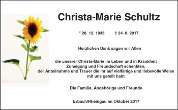 Traueranzeige von Christa-Marie Schultz von Trauerportal Rhein Main Presse