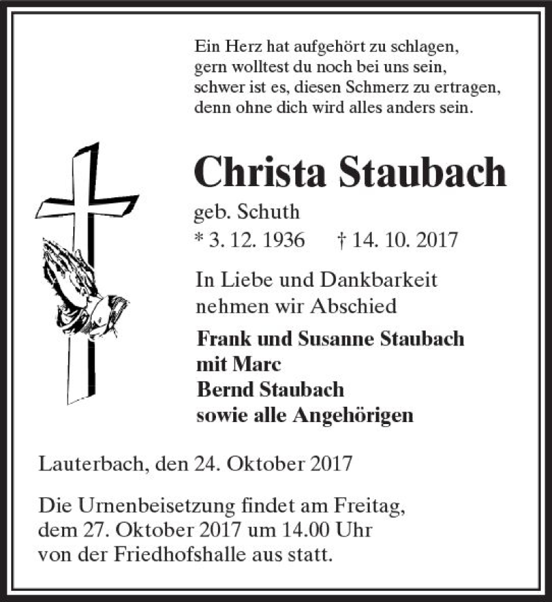  Traueranzeige für Christa Staubach vom 24.10.2017 aus VRM Trauer