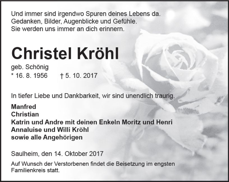  Traueranzeige für Christel Kröhl vom 14.10.2017 aus Trauerportal Rhein Main Presse