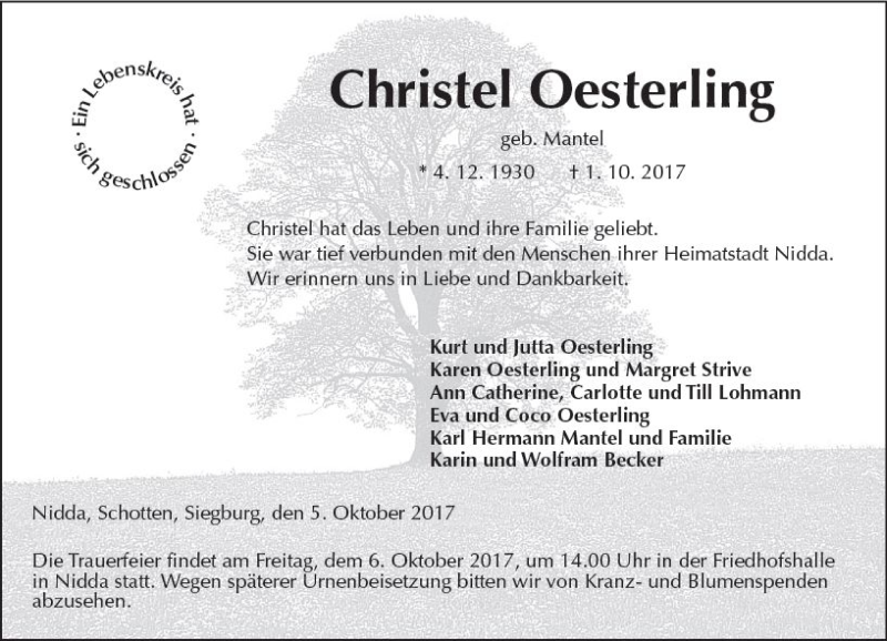  Traueranzeige für Christel Oesterling vom 05.10.2017 aus  Kreisanzeiger