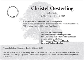 Traueranzeige von Christel Oesterling von  Kreisanzeiger