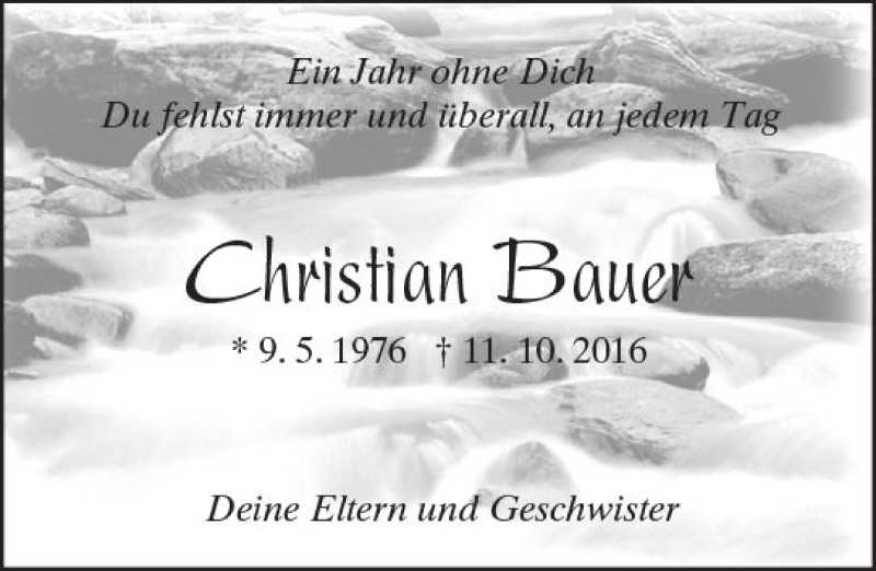  Traueranzeige für Christian Bauer vom 11.10.2017 aus Trauerportal Rhein Main Presse