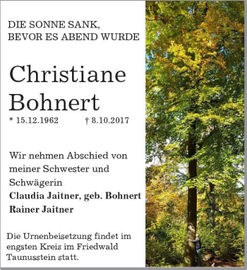 Traueranzeige von Christiane Bohnert von Trauerportal Rhein Main Presse