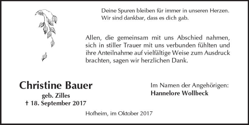  Traueranzeige für Christine Bauer vom 07.10.2017 aus Trauerportal Echo Online