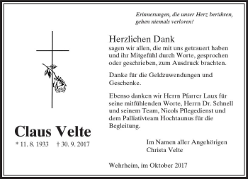 Traueranzeige von Claus Velte von  Usinger Anzeiger