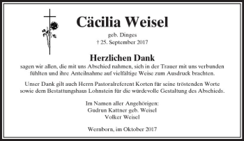 Traueranzeige von Cäcilia Weisel von  Usinger Anzeiger