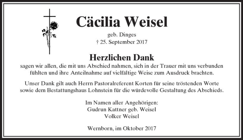  Traueranzeige für Cäcilia Weisel vom 28.10.2017 aus  Usinger Anzeiger