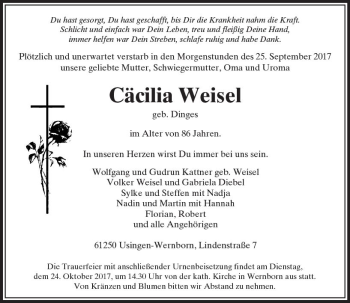 Traueranzeige von Cäcilia Weisel von  Usinger Anzeiger