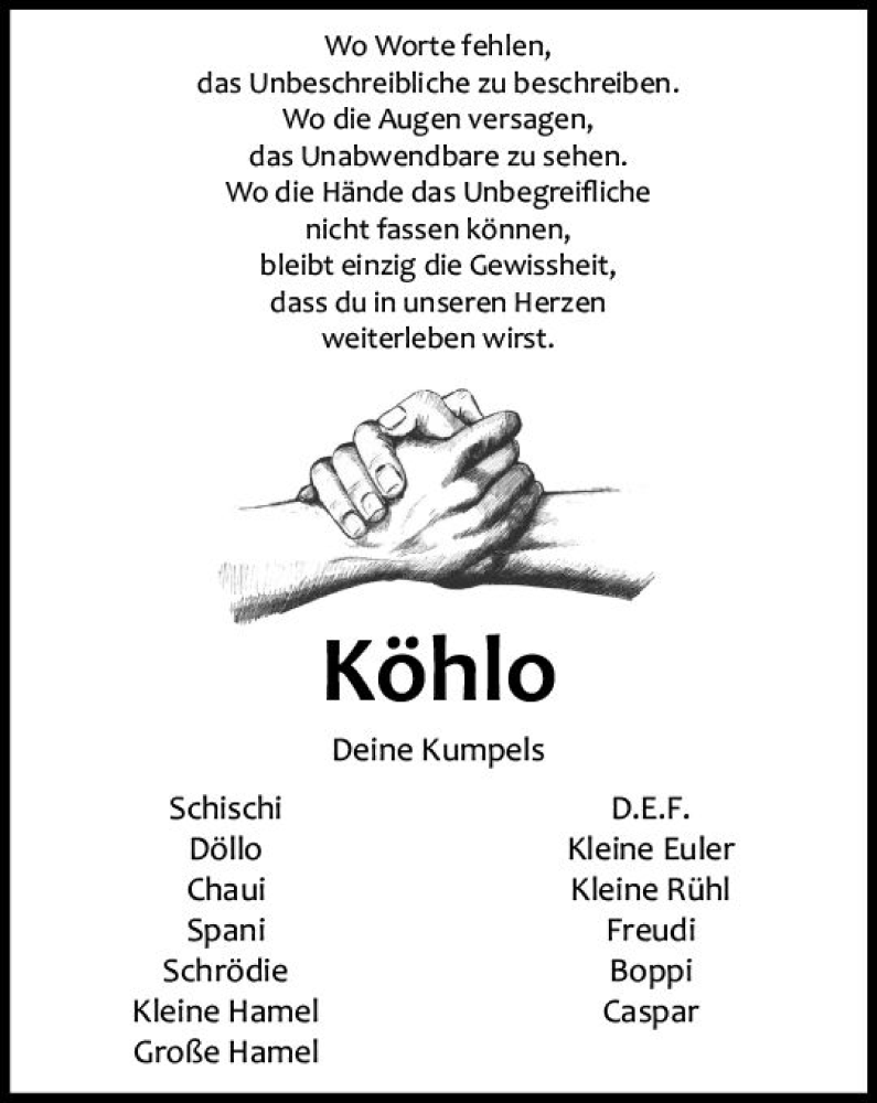  Traueranzeige für Daniel Köhler vom 20.10.2017 aus VRM Trauer