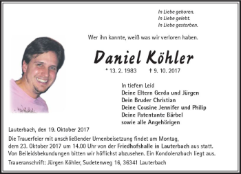 Traueranzeige von Daniel Köhler von VRM Trauer