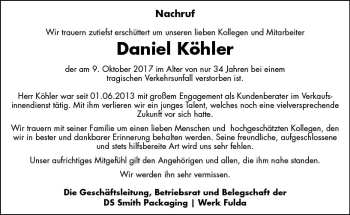 Traueranzeige von Daniel Köhler von VRM Trauer